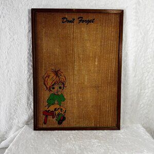 Vintage 1970s Framed Burlap Art "Dont Forget" With Big-Eyed Child Image